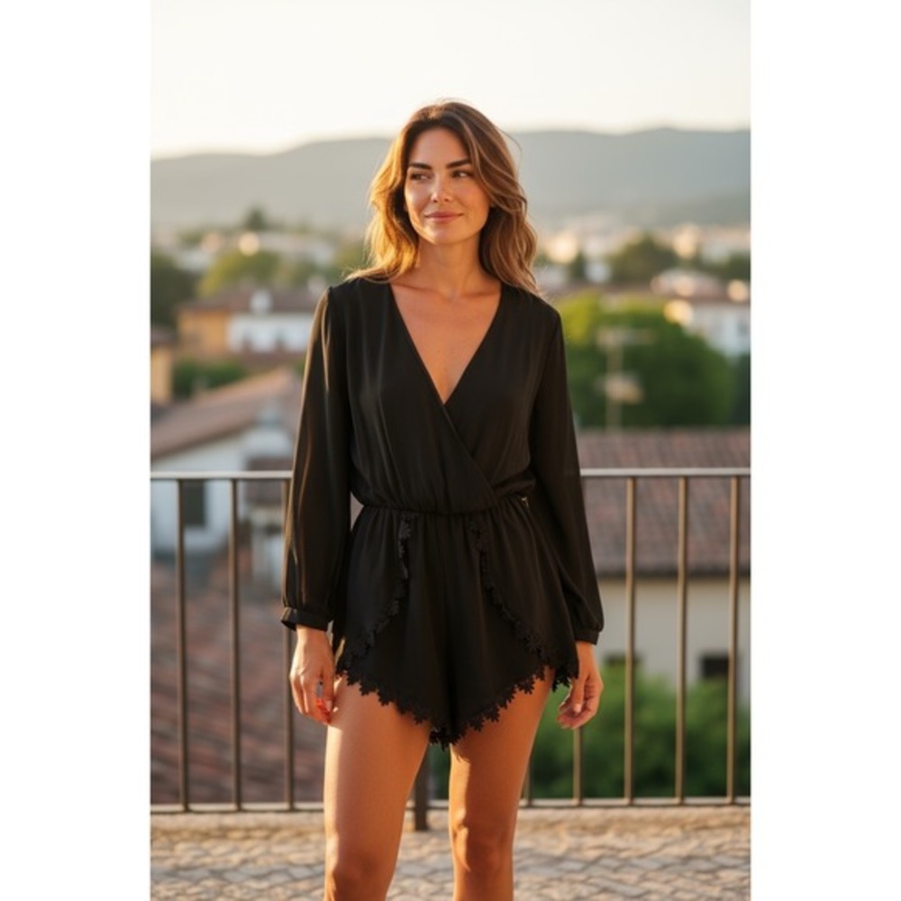 ASTR Black Long Sleeve Romper Women's Lace Trim V Neck Stylish